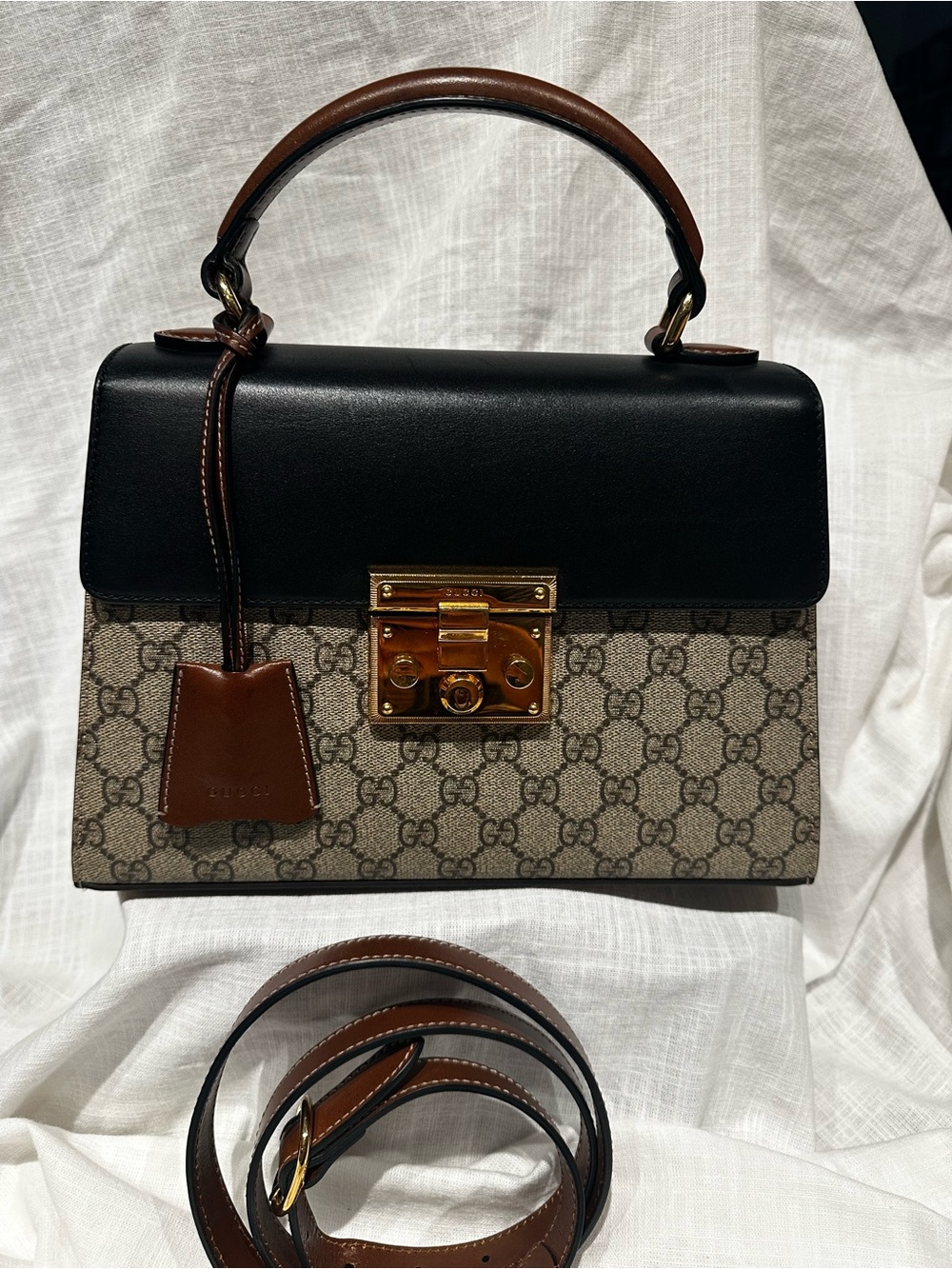 Gucci Black Leather & Beige GG Canvas Top Handle Satchel with Brown Trim